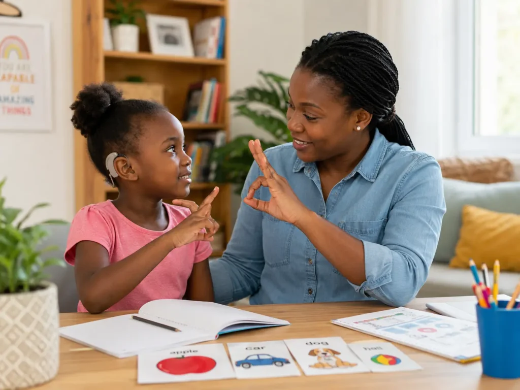 Parent accompagnant un enfant sourd dans son apprentissage à la maison